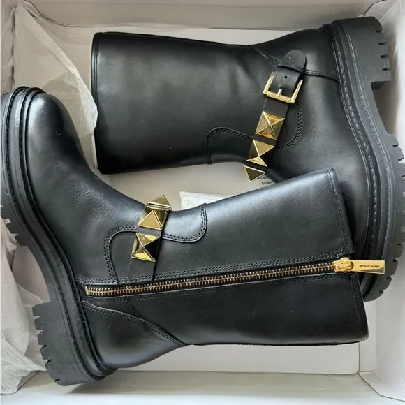 NEW Michael Kors Layton Leather boots with  gold studs short booties sz 6.5 - Picture 6 of 16